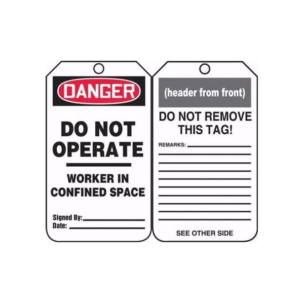 Accuform Safety Tags, DANGER DO NOT OPERATE WORKER IN CONFINED SPACE, 5.75in x 3.25in, RP-Plastic, 25PK TCS342PTP - main
